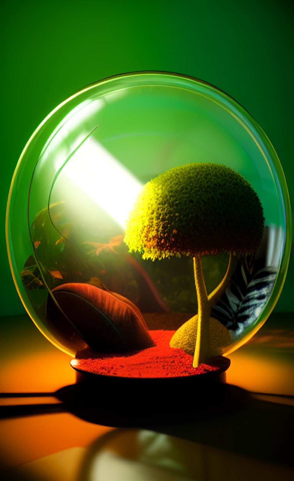 kenya inside a spherical plant terrarium in a bell jar, under a yellow spotlight in a dark room, leafs moving like snakes, highlights, backlight, red accent light preview