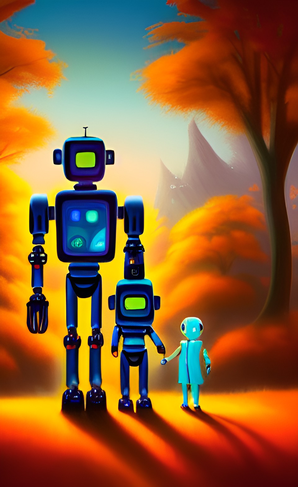 robot family portrait, autumn backdrop preview