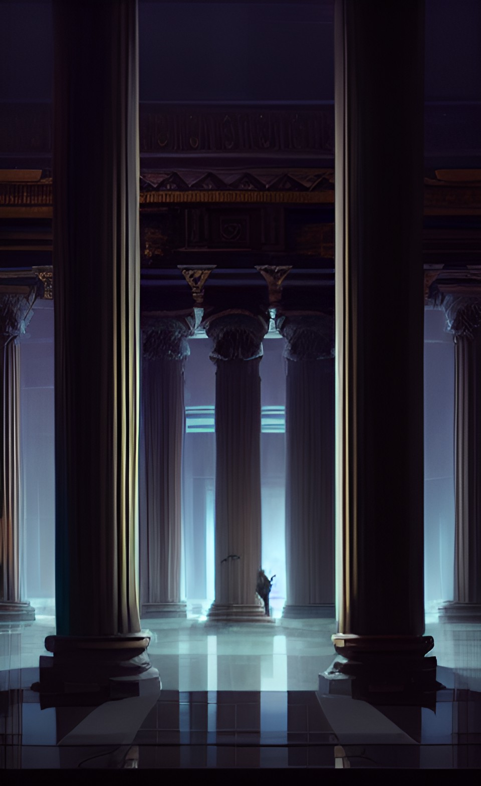 obsidian temple, tall columns, glossy black floor, torch light preview