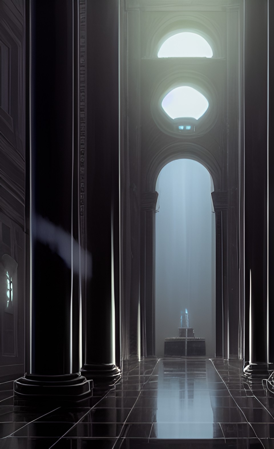 black obsidian temple, tall columns, glossy black floor, fire light in the distance preview