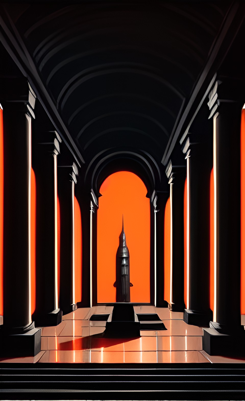 black obsidian temple, tall columns, glossy black floor, orange glow in the distance preview