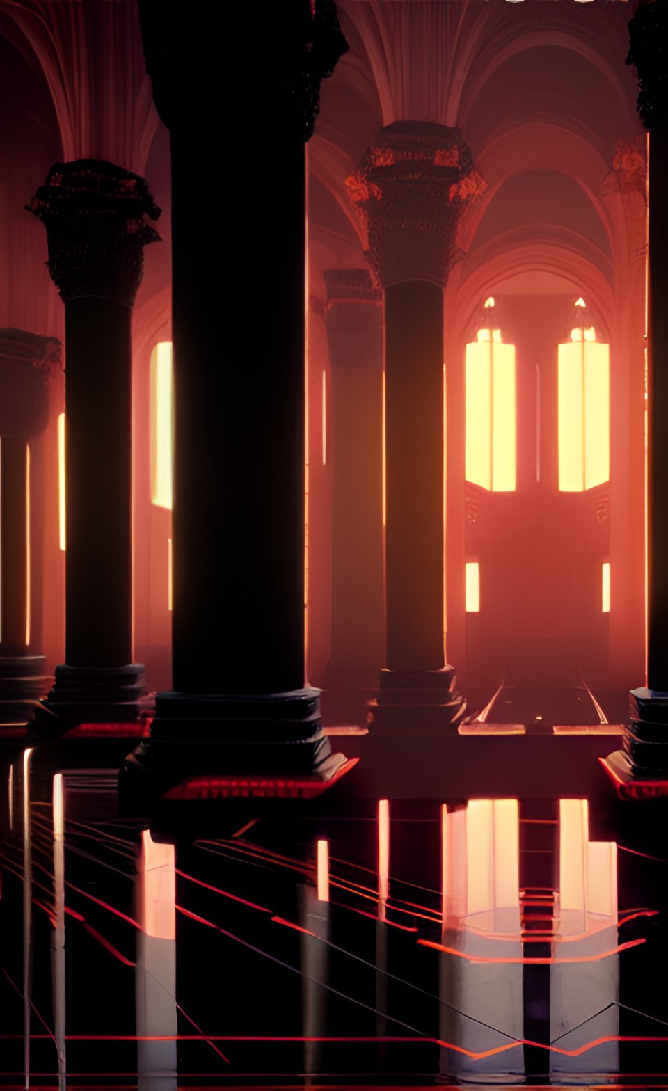 black obsidian temple, tall columns, glossy black floor, orange lighting in the distance preview