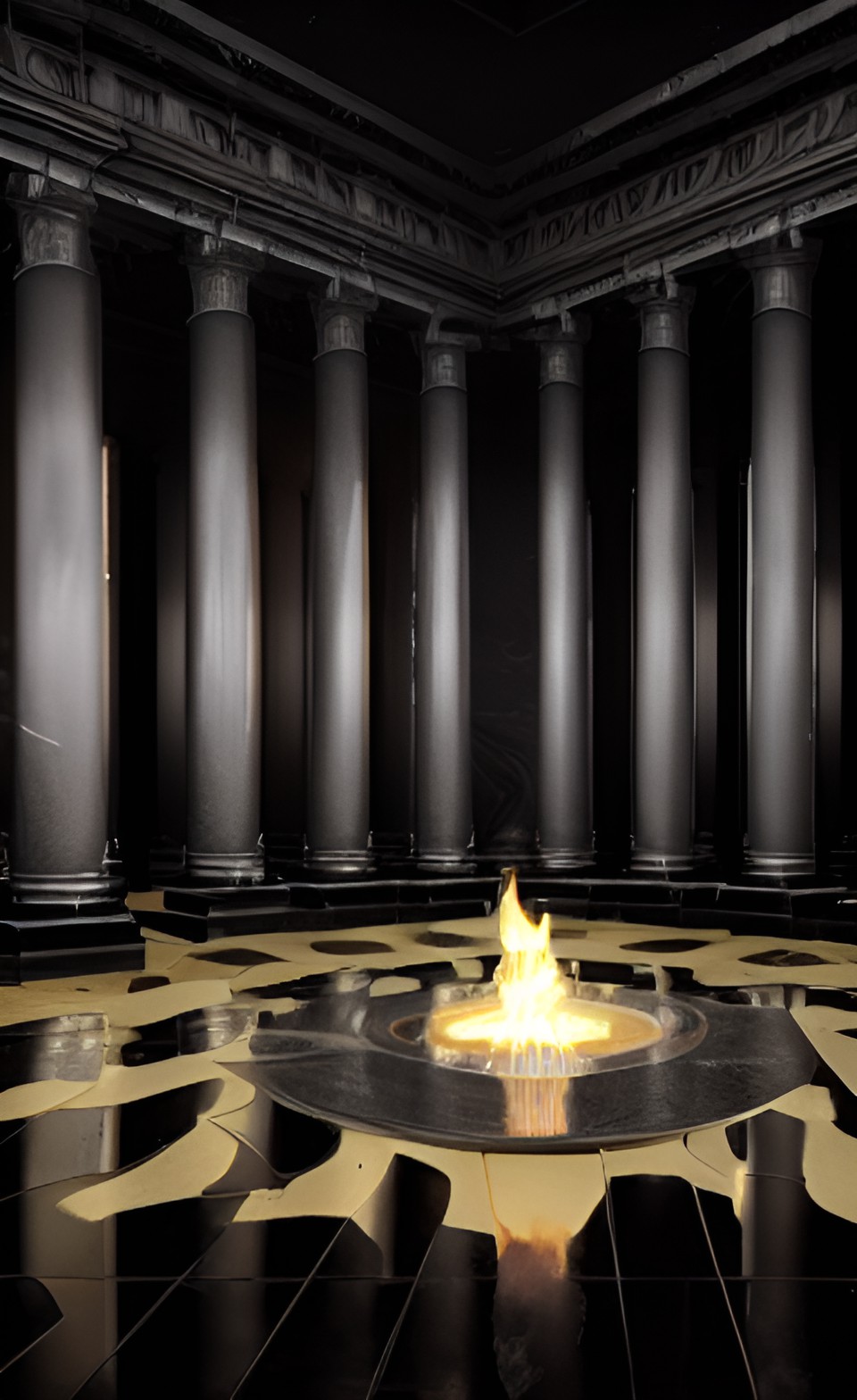 black obsidian temple, tall columns, glossy black floor, fire pit in the center preview