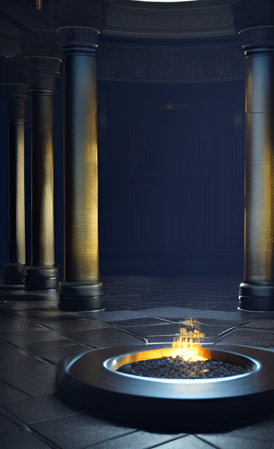 black obsidian temple, tall columns, glossy black floor, fire pit in the center preview