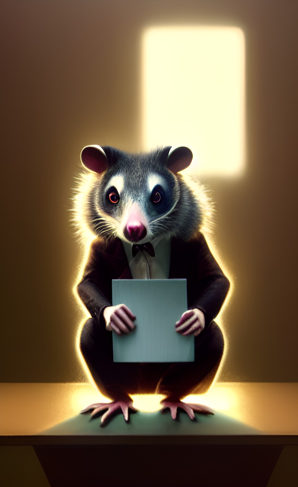 anthropomorphic possum in a suit at a business luncheon preview