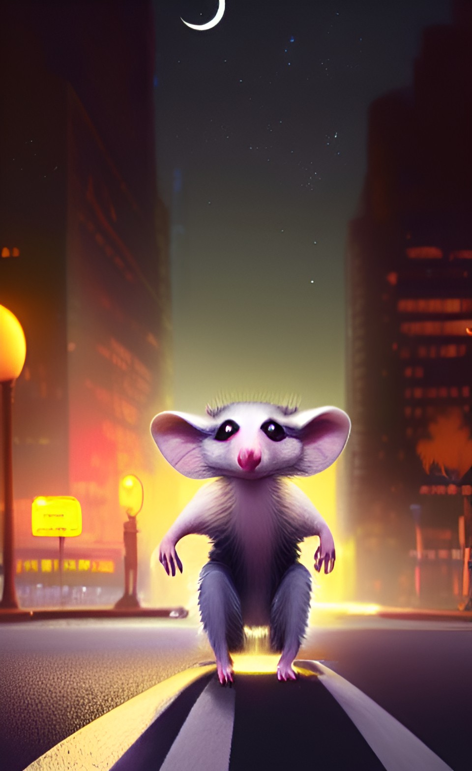 anthropomorphic opossum in the middle of the street at night, full moon preview