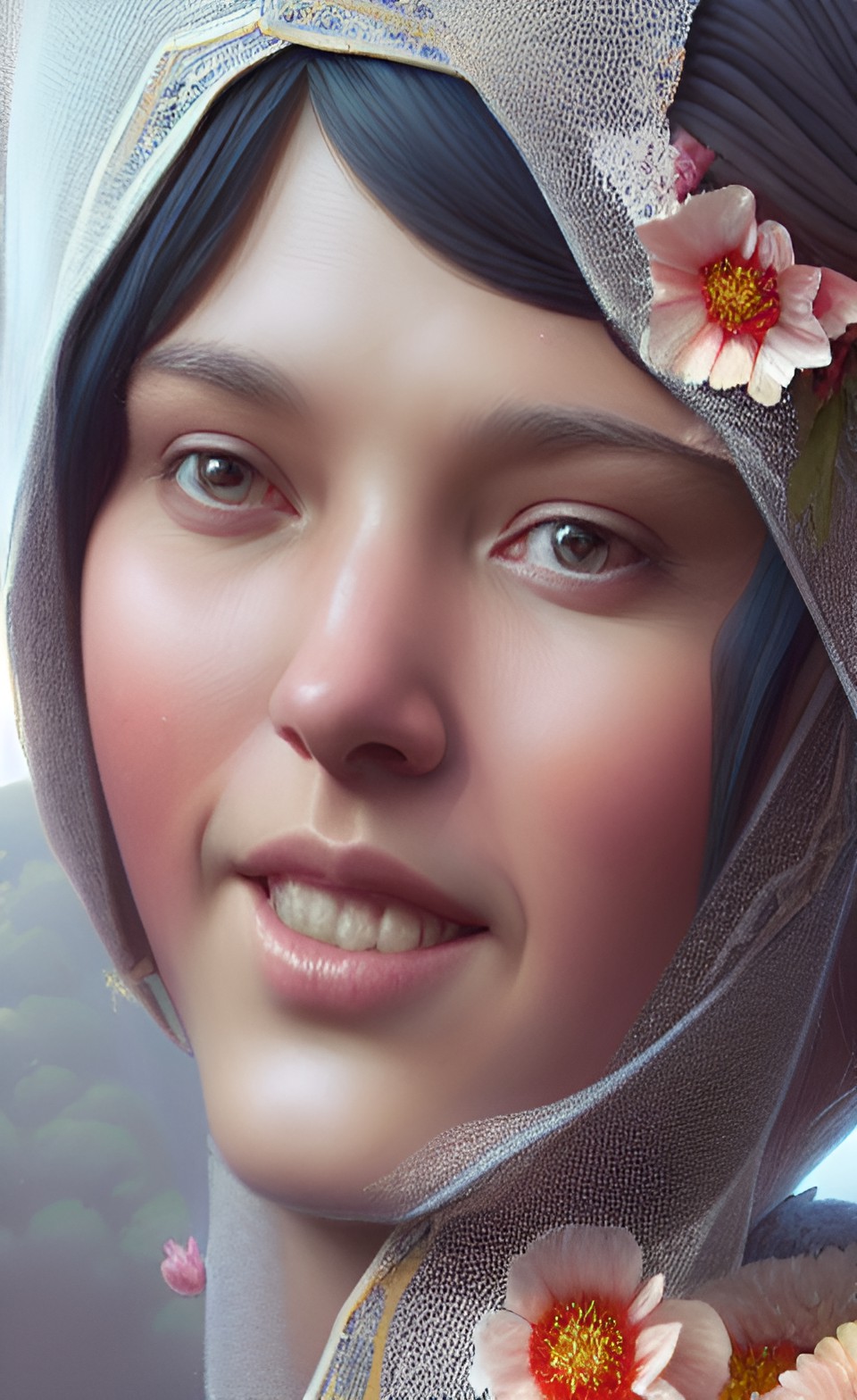 woman with mysterious smile, floral background preview