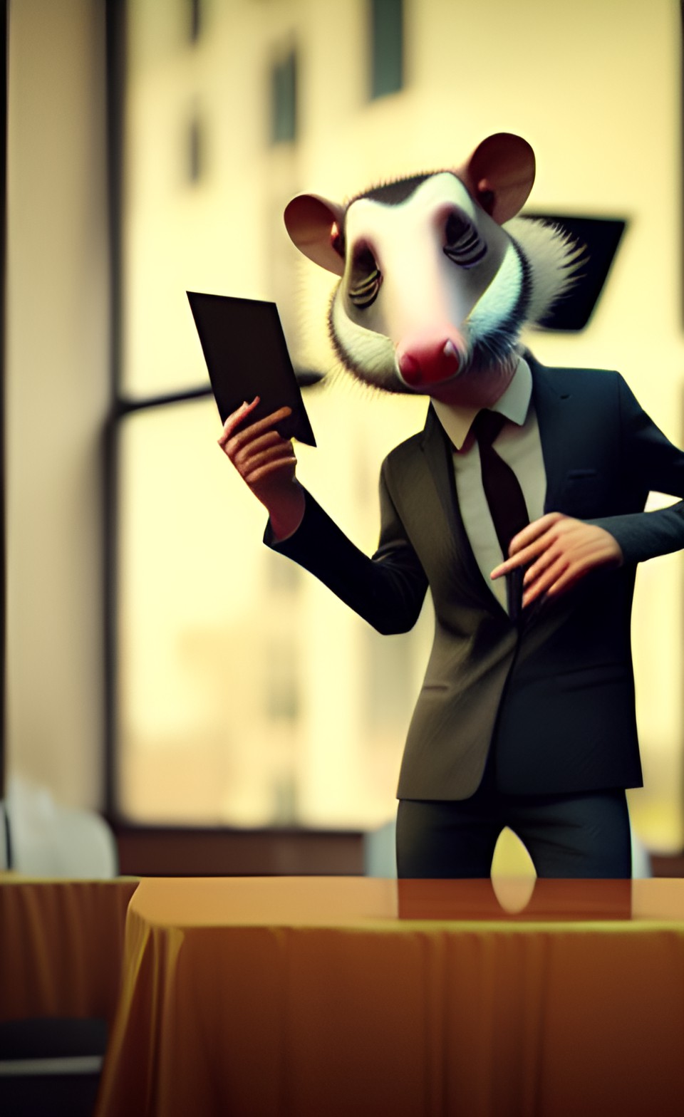 anthropomorphic opossum in a suit at a business luncheon preview