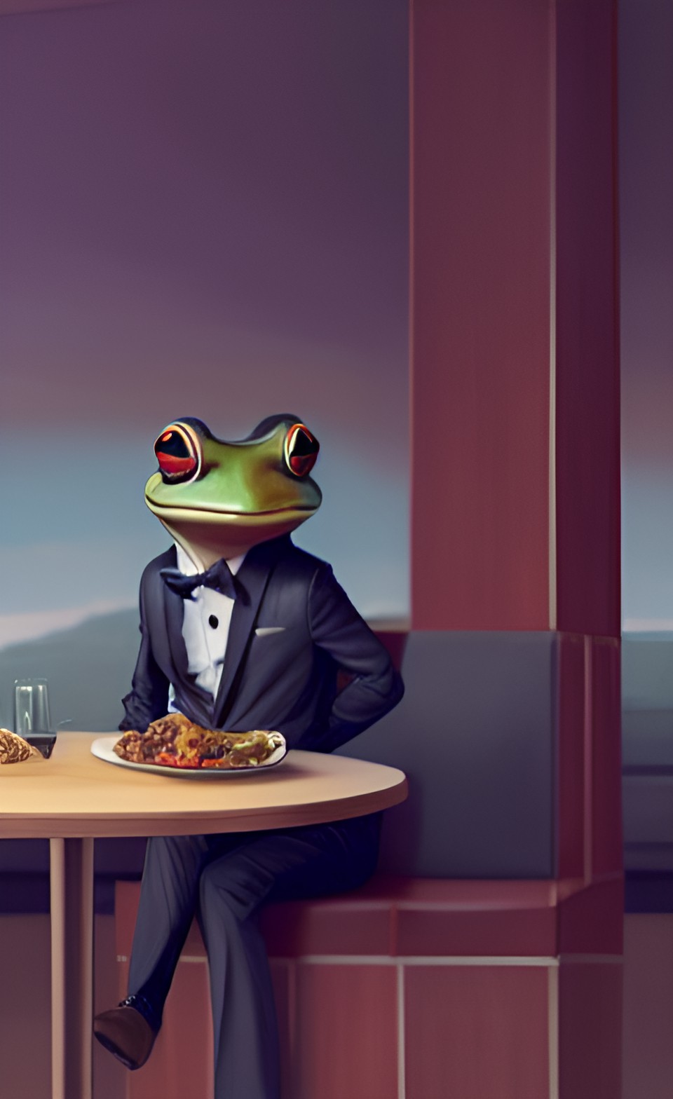 anthropomorphic frog in a business suit enjoying lunch in an expensive restaurant preview