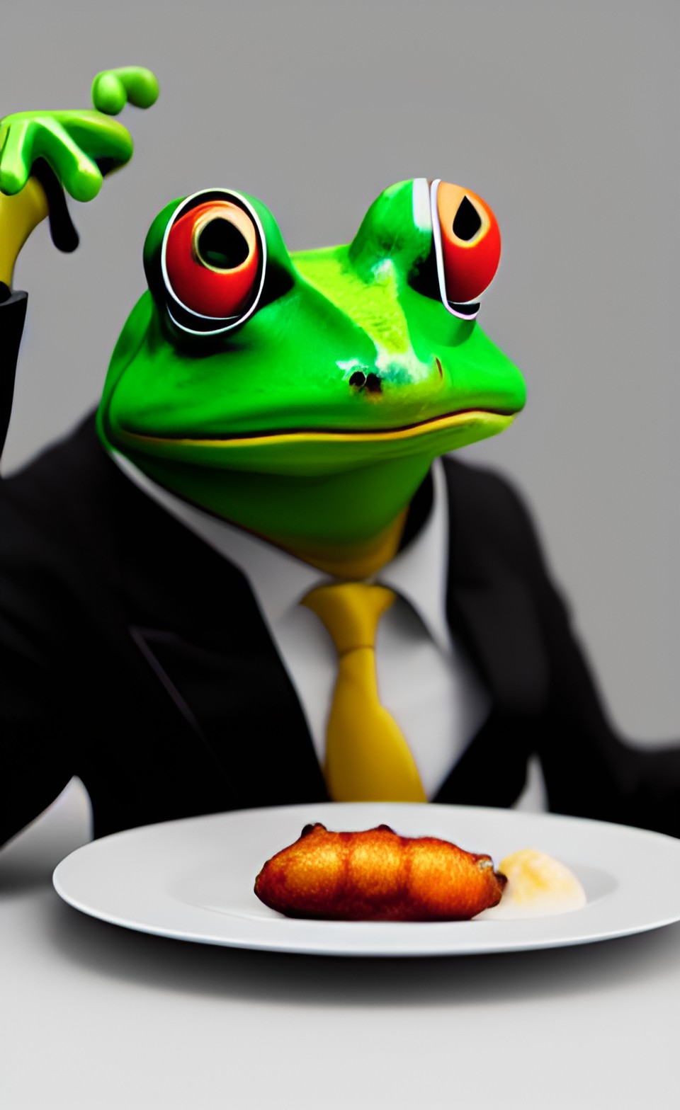 anthropomorphic frog in a business suit enjoying lunch in an expensive restaurant preview