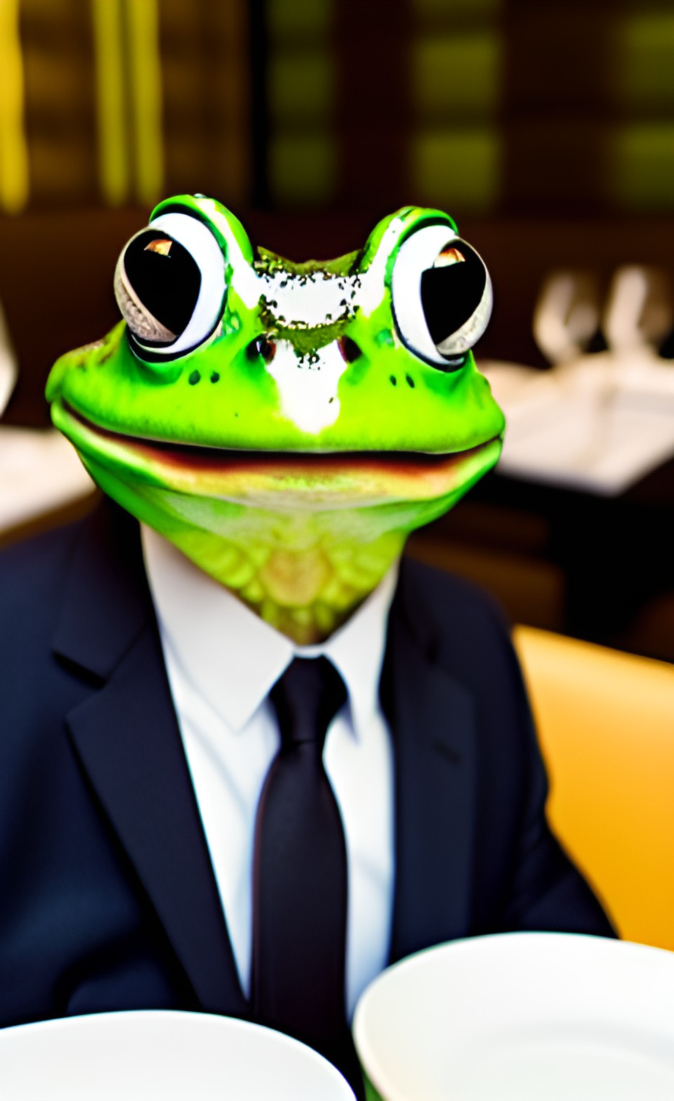 anthropomorphic frog in a business suit enjoying lunch in an expensive restaurant preview