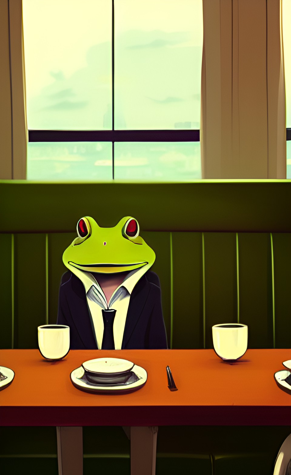 anthropomorphic frog in a business suit enjoying lunch in an expensive restaurant preview