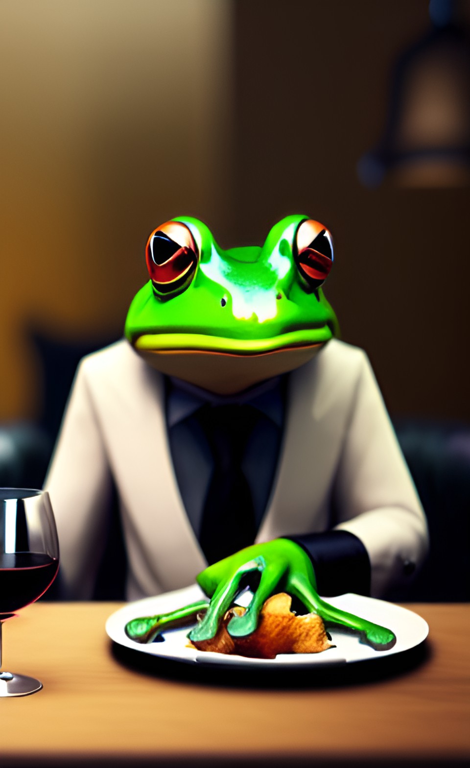 anthropomorphic frog in a business suit drinking wine at lunch in an expensive restaurant preview