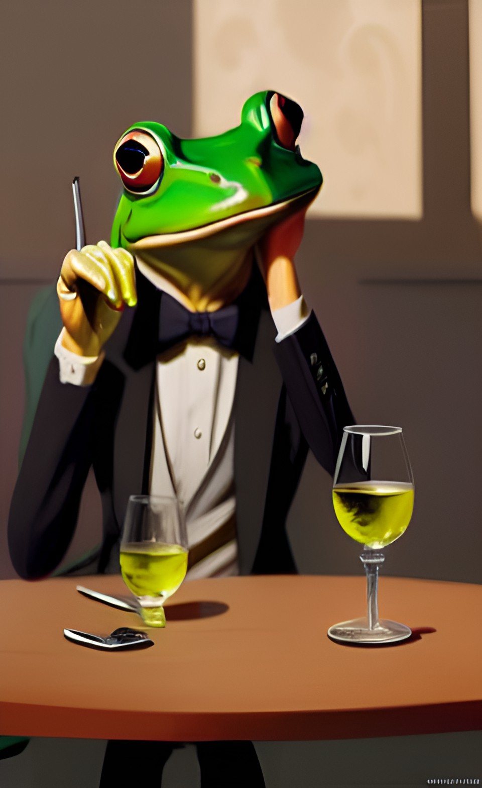 anthropomorphic frog in a business suit drinking wine at lunch in an expensive restaurant preview