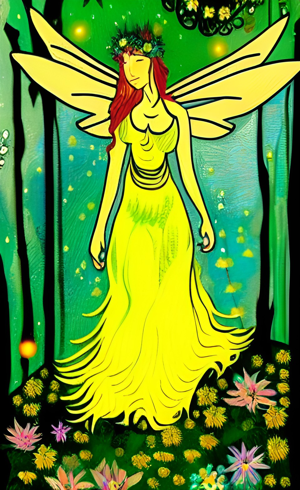 radiant goddess in a forest, fairies, flowers, fireflies, birdsfull moon preview