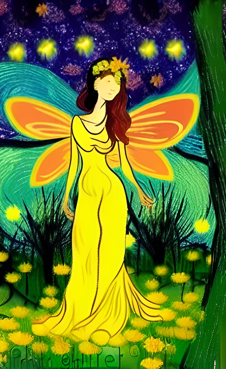 radiant goddess in a forest, fairies, flowers, fireflies, birdsfull moon preview