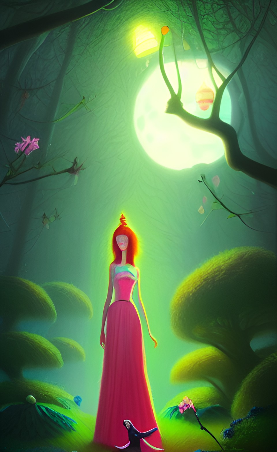 radiant goddess in a forest, fairies, flowers, fireflies, birdsfull moon preview