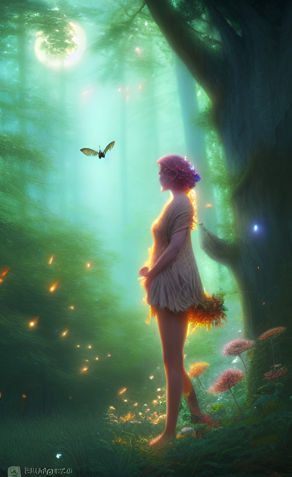 radiant goddess in a forest, fairies, flowers, fireflies, birdsfull moon preview