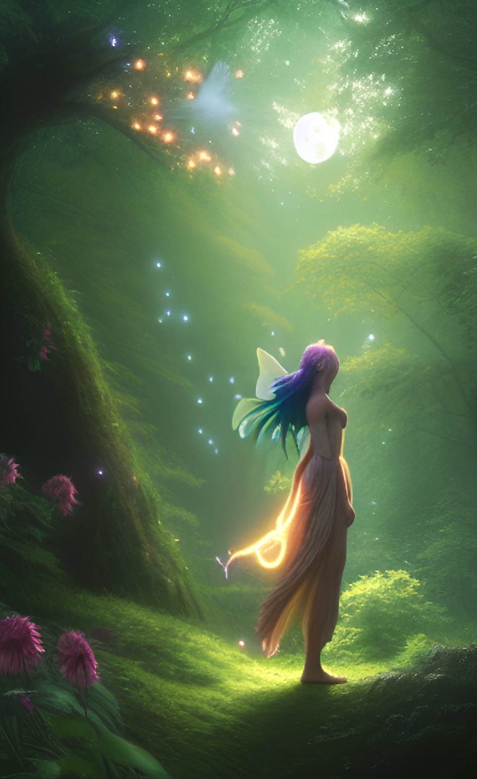 radiant goddess in a forest, fairies, flowers, fireflies, birdsfull moon preview