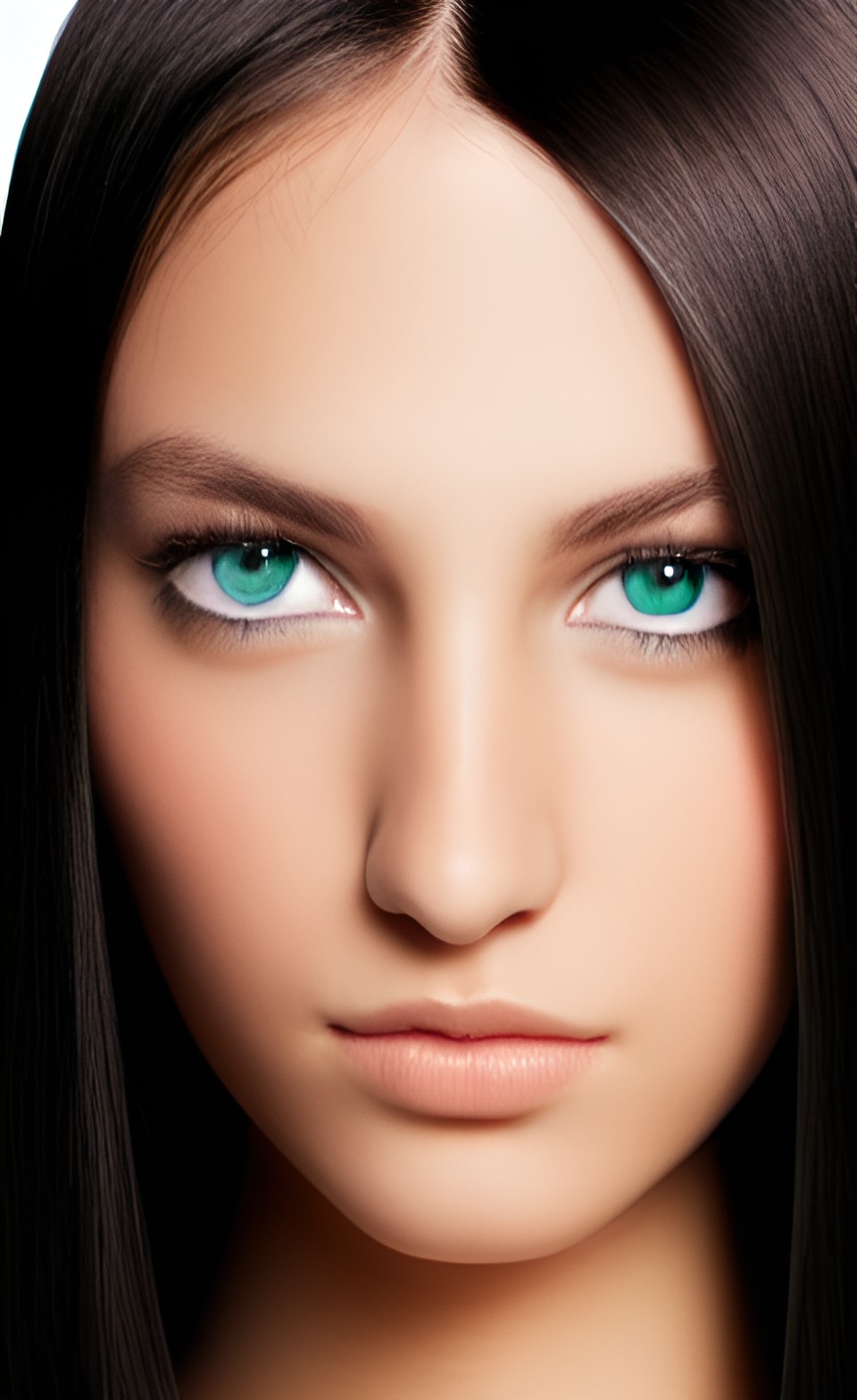 she has golden skin, green eyes, and shoulder-length, straight, black hair. preview