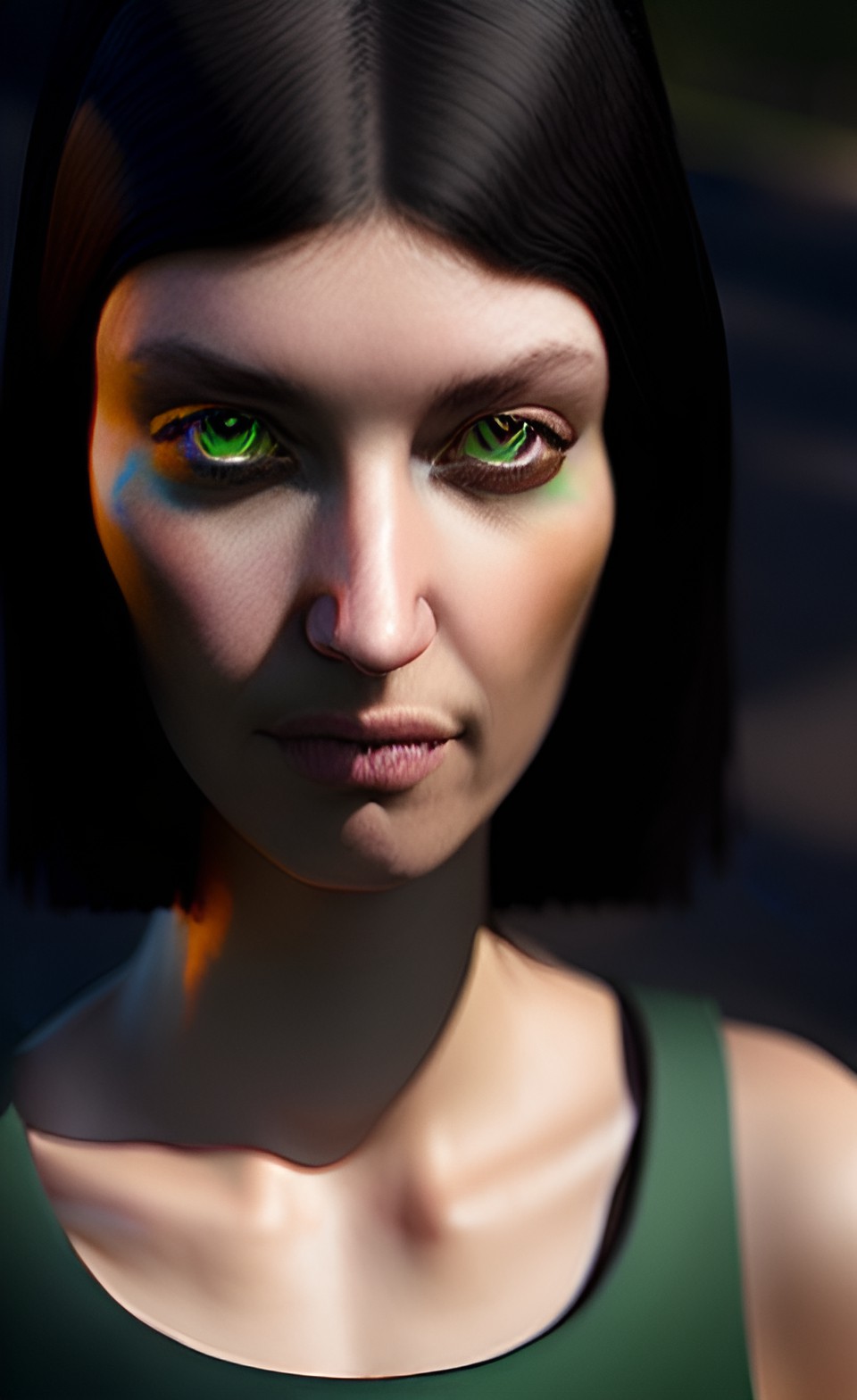 she has golden skin, green eyes, and shoulder-length, straight, black hair. preview