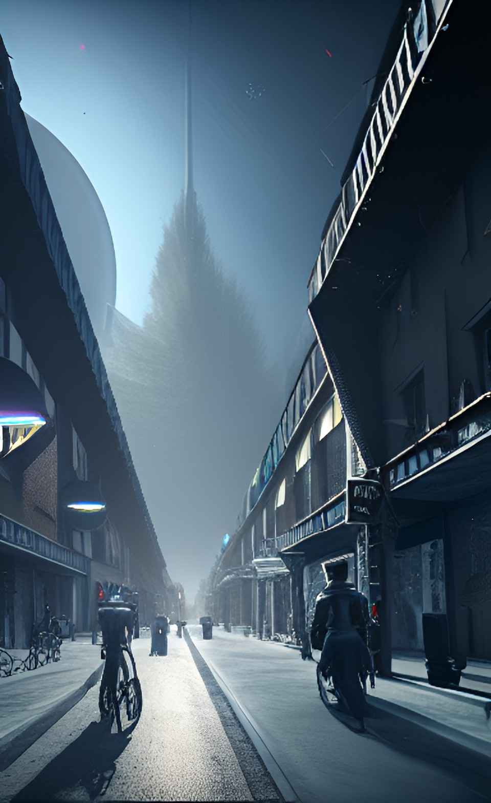 street view inside hollow earth: a dark futuristic busy bavarian nazi city with traffic and bicyclists, blond people, pale skins. sparkly dust particles, dark dirt sky preview