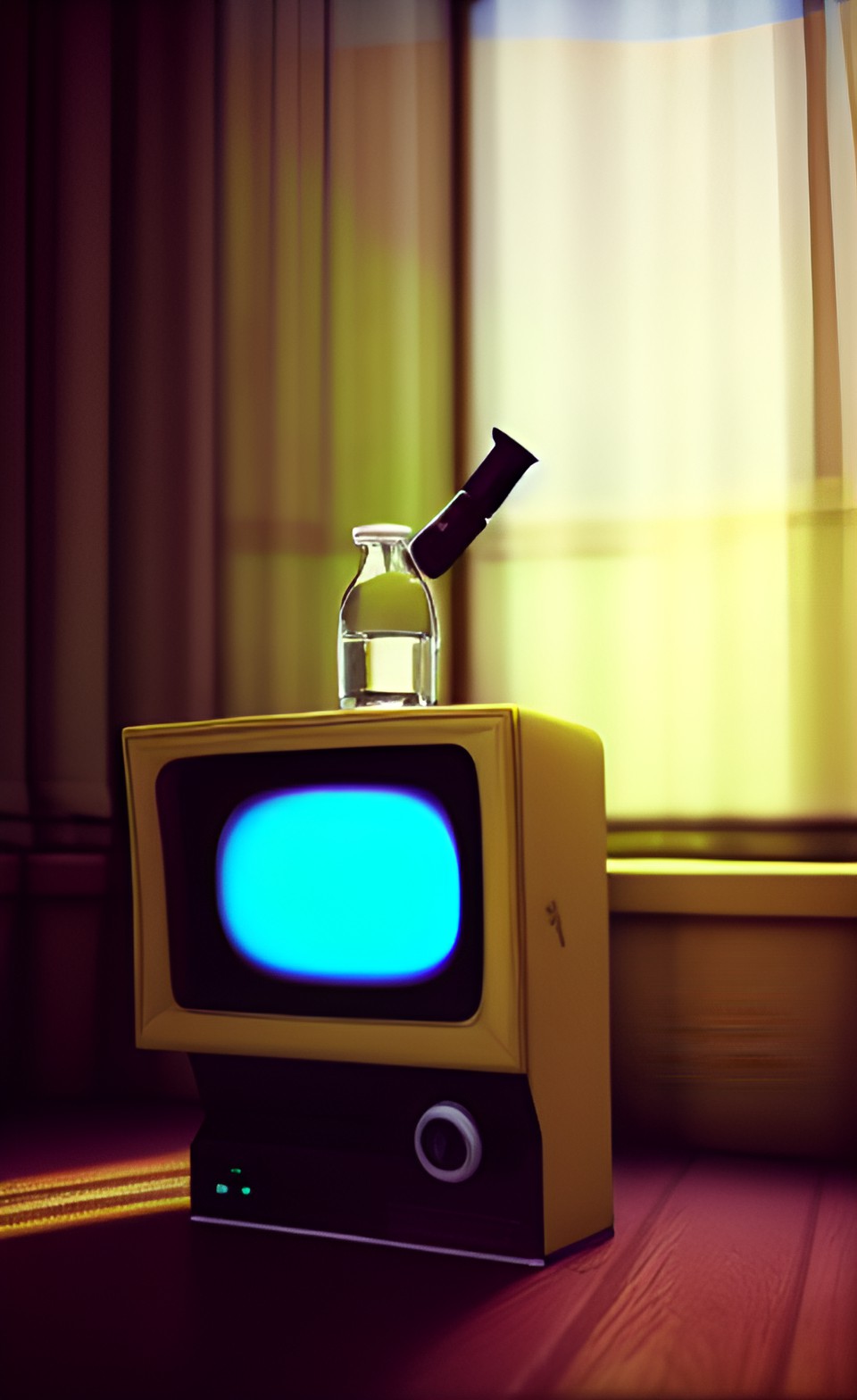 there are several random items lying about the room, an old school joystick connected to a retro tv set, a pair of high heels, a bottle containing a whitish fluid labeled drink me sits atop the coffee preview