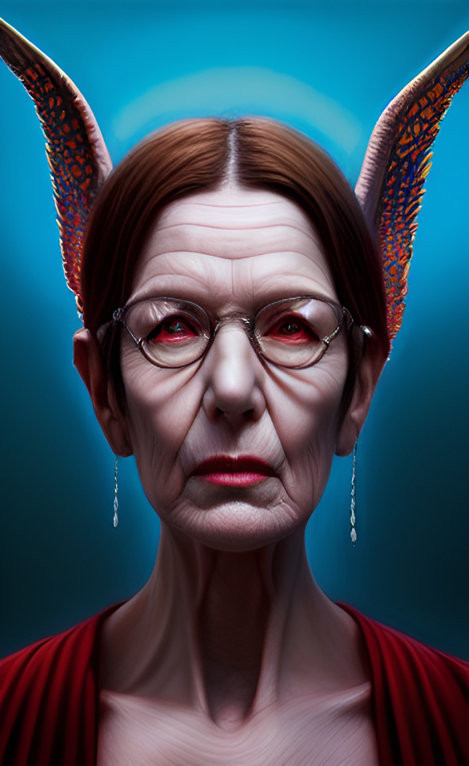 ultra-realistic portrait of (satan’s grandma), full winged body, (detailed symmetrical face), goat eyes, top-heavy symmetrical, cinematic lighting, detailed hands, backlight, black accent lighting preview