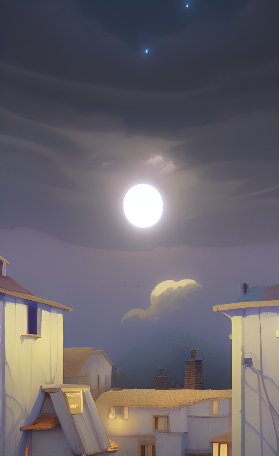 Xarbon at Night - moon over village in the clouds preview