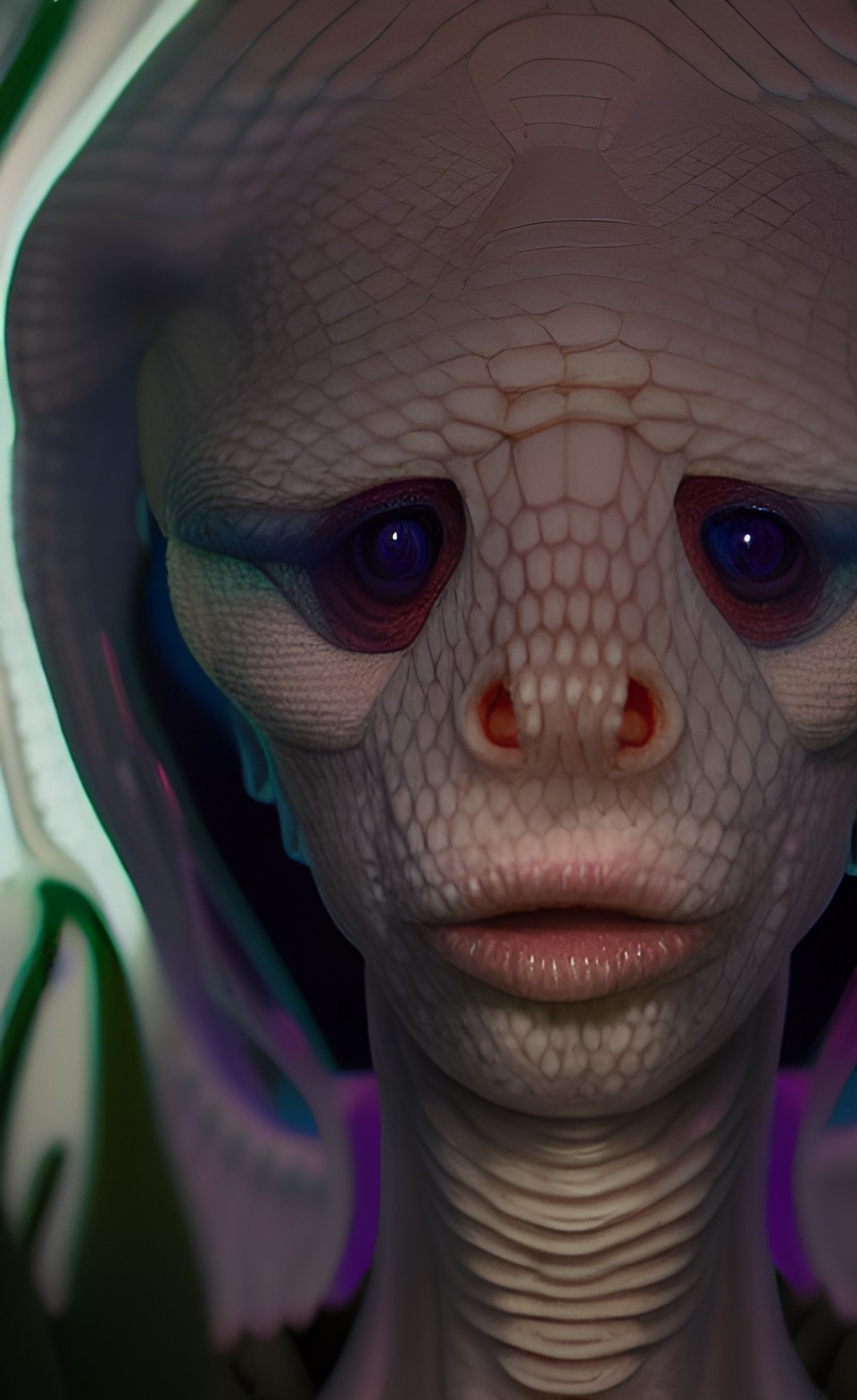 a closeup of an albino reptilian alien wearing lots of transparent and cellophane accessories, light blue colors, huge earrings, blue hour preview