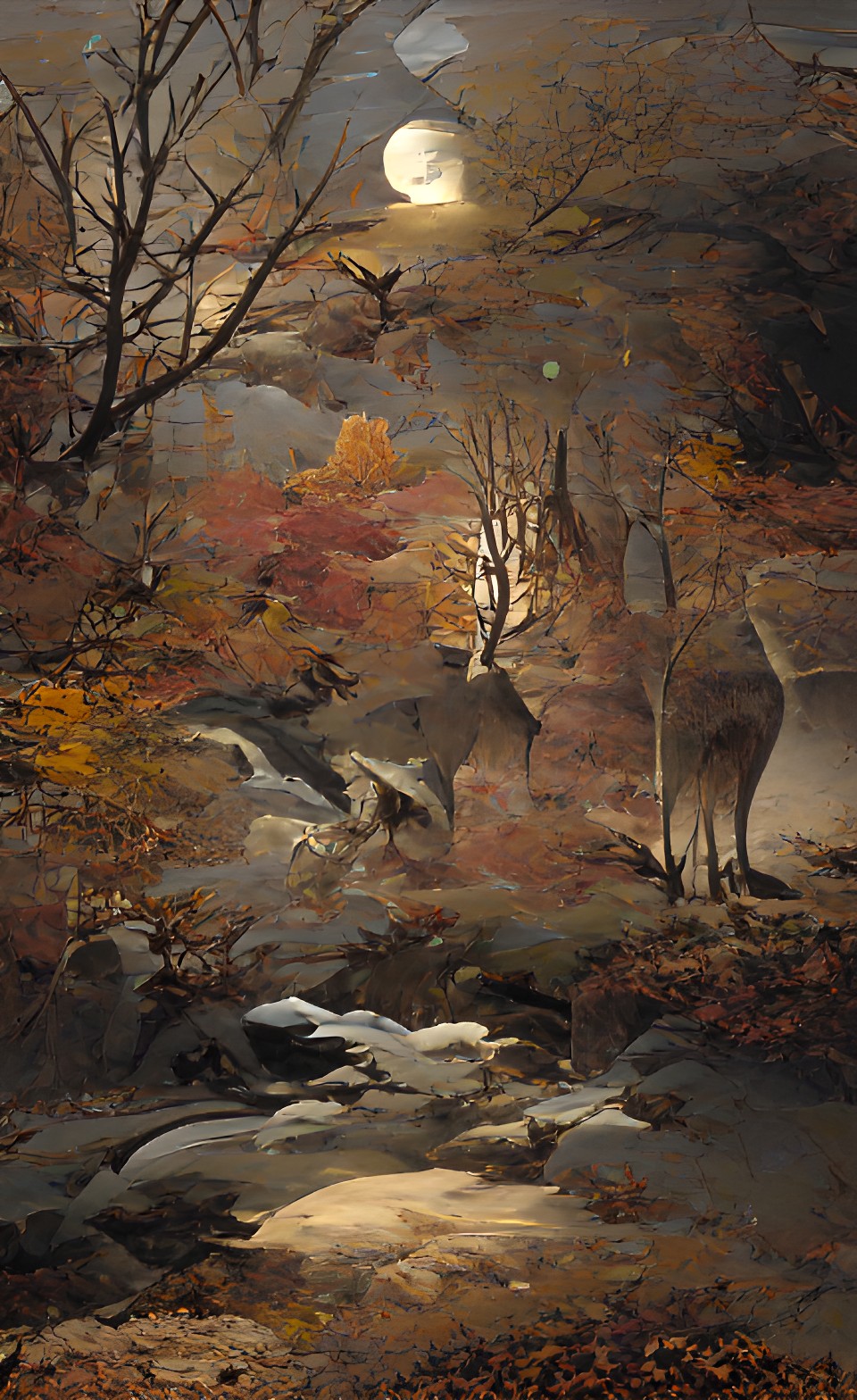 pale moon, autumn night in the woods, deer trail,magical preview