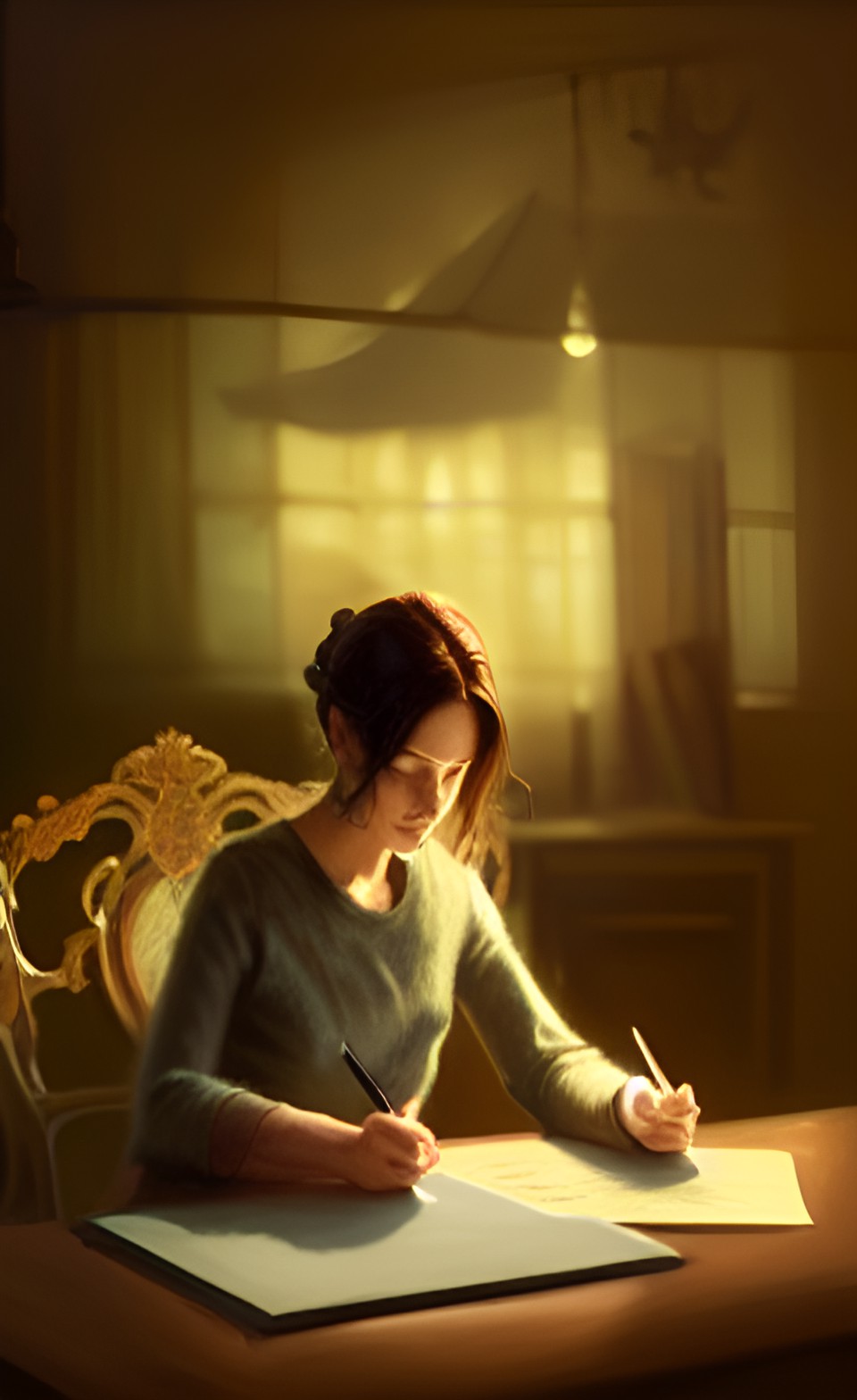 woman sitting at a table writing a letter, cinematic lighting, atmospheric, creepy preview