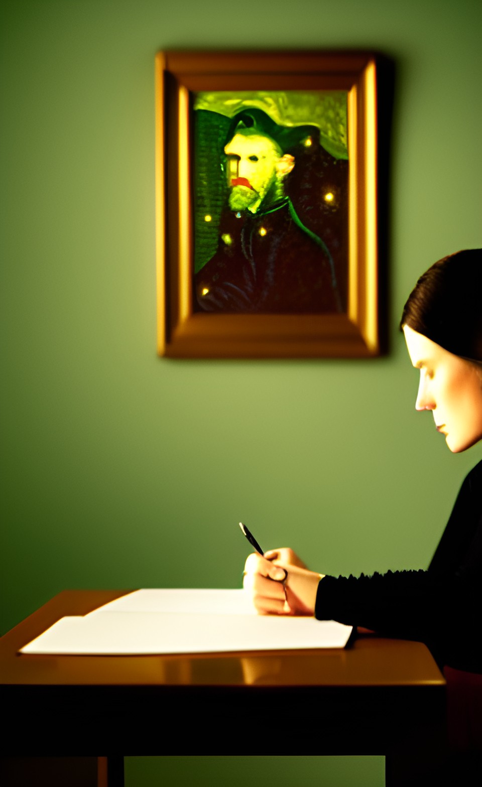 woman sitting at a table writing a letter, cinematic lighting, atmospheric, creepy preview