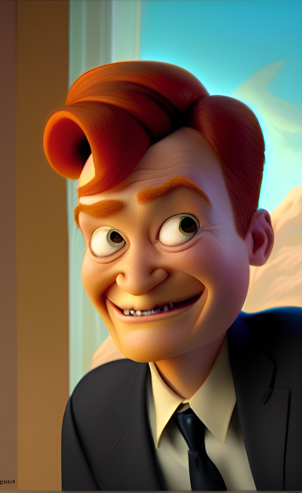 portrait of a new cartoon character of conan o’brien | mix of disney and pixar style, backlight, natural light, ultrarealistic raytraced preview