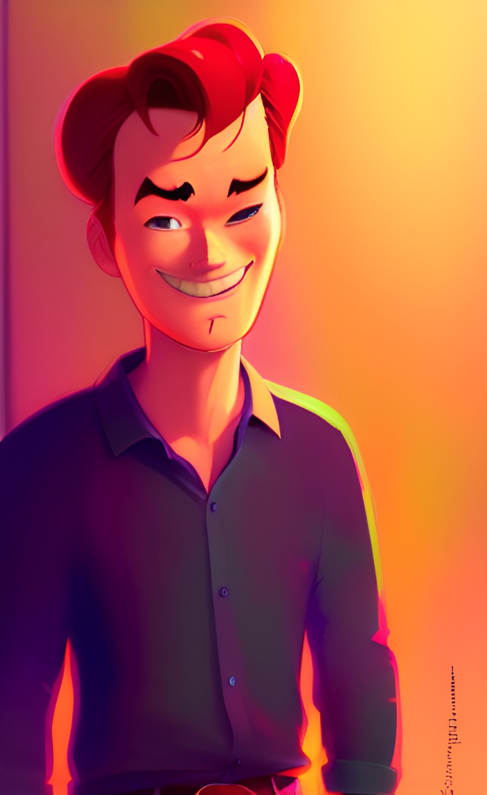 portrait of a new cartoon character of conan o’brien | mix of disney and pixar style, backlight, natural light, ultrarealistic raytraced preview