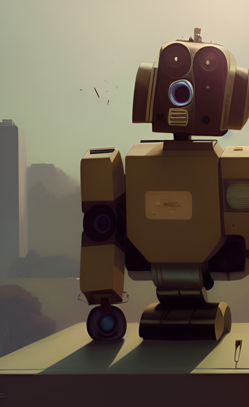 an earth - tone robot with a ghettoblaster boombox for a head, wooden body, sleek, surreal, cool, retro, 1 9 9 0 s vibe, country road, one purple balloon preview