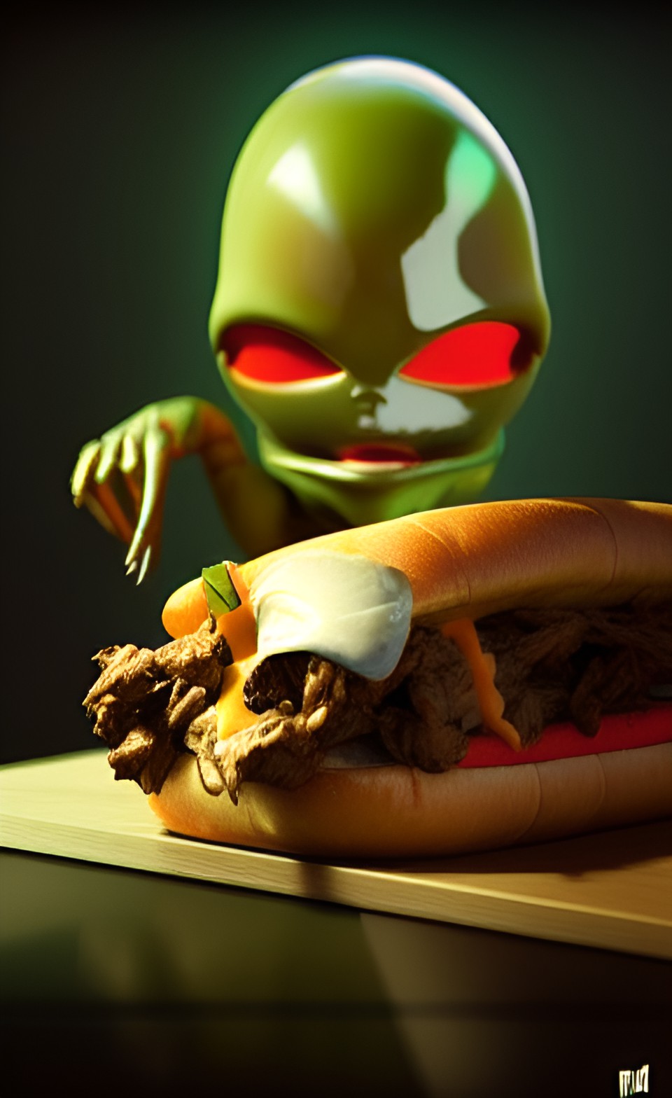 alien having a philly cheese steak for dinner preview