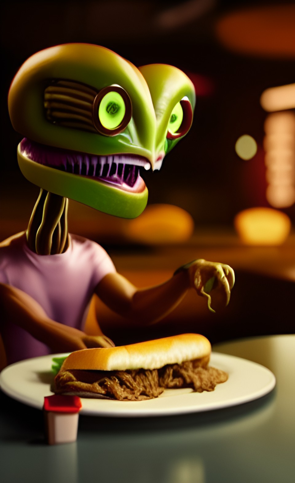 alien having a philly cheese steak for dinner preview