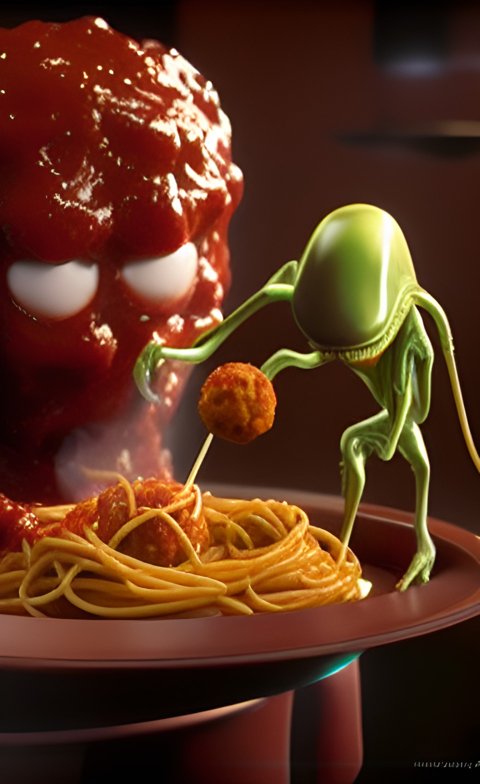 alien having spaghetti and meatballs for lunch preview