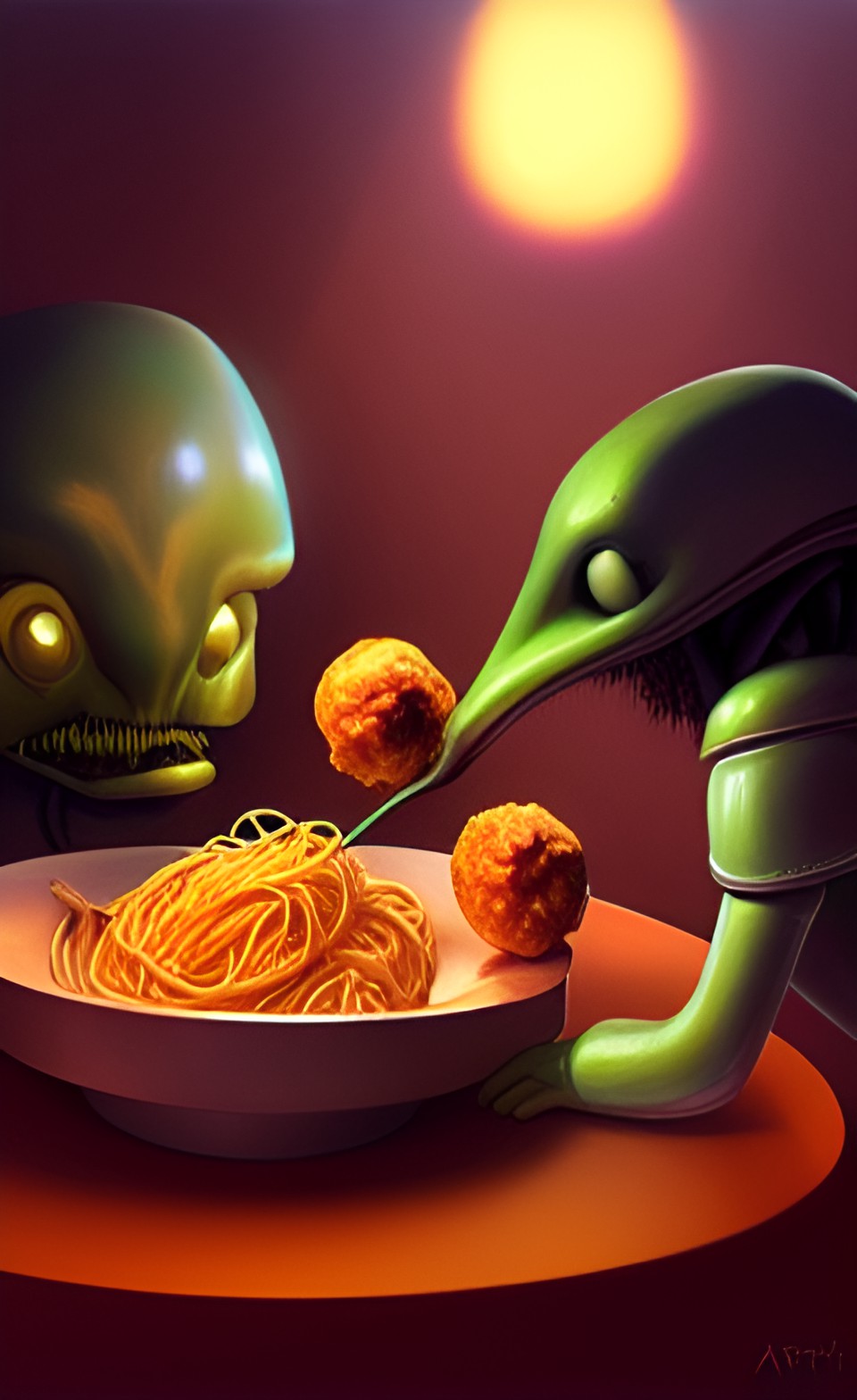 alien having spaghetti and meatballs for lunch preview