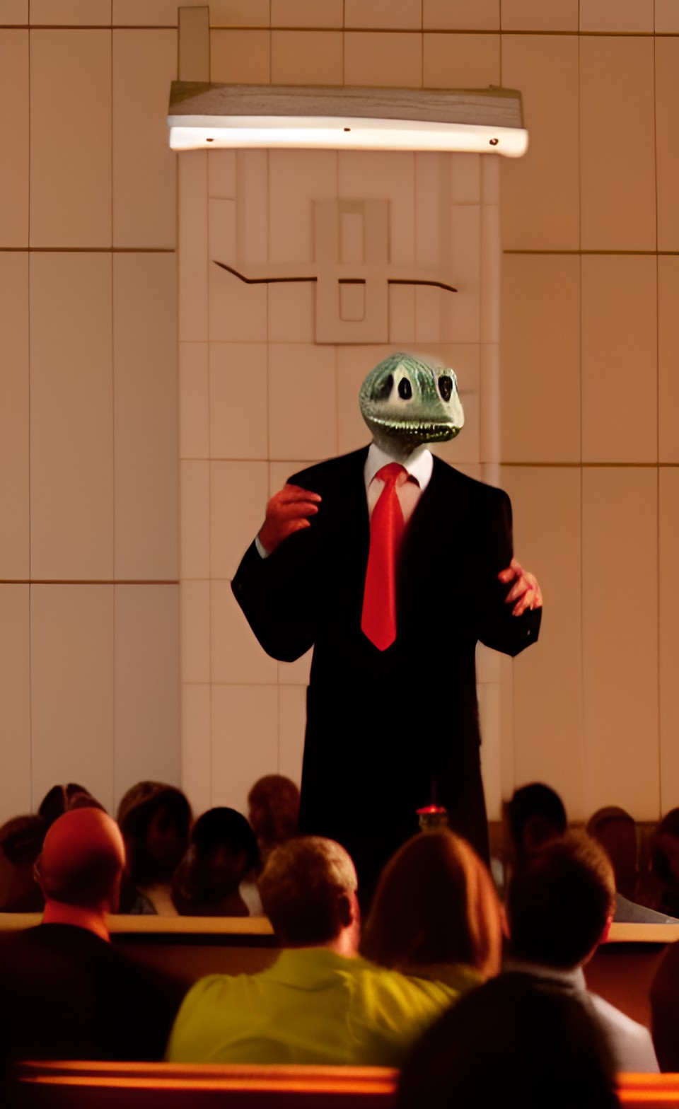 anthropomorphic lizard man preaching the gospel in a human church preview