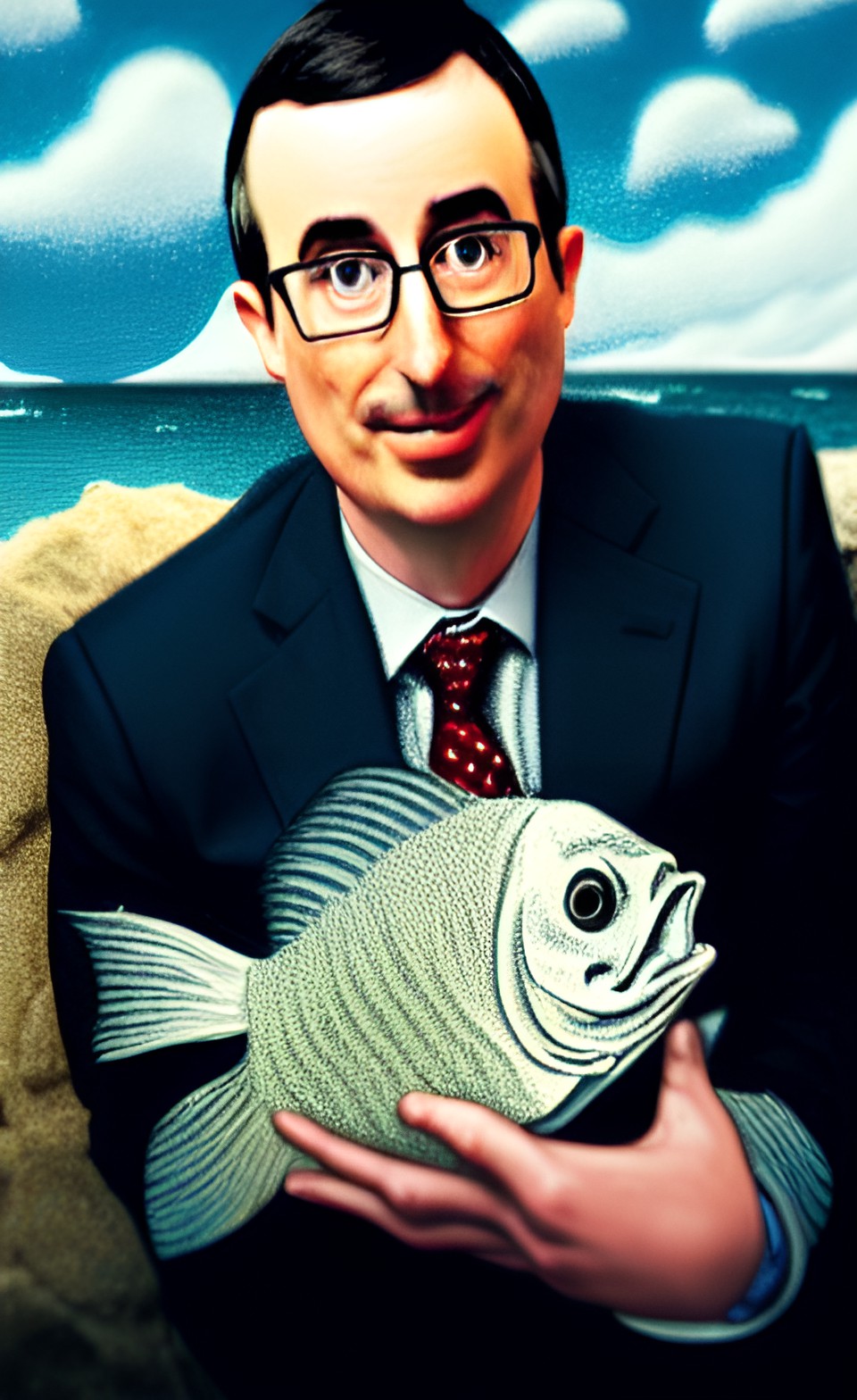 john oliver holding a babydoll covered in barnacles fished out of the ocean portrait preview