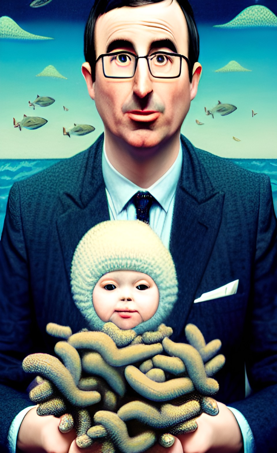 john oliver holding a babydoll covered in barnacles fished out of the ocean portrait preview