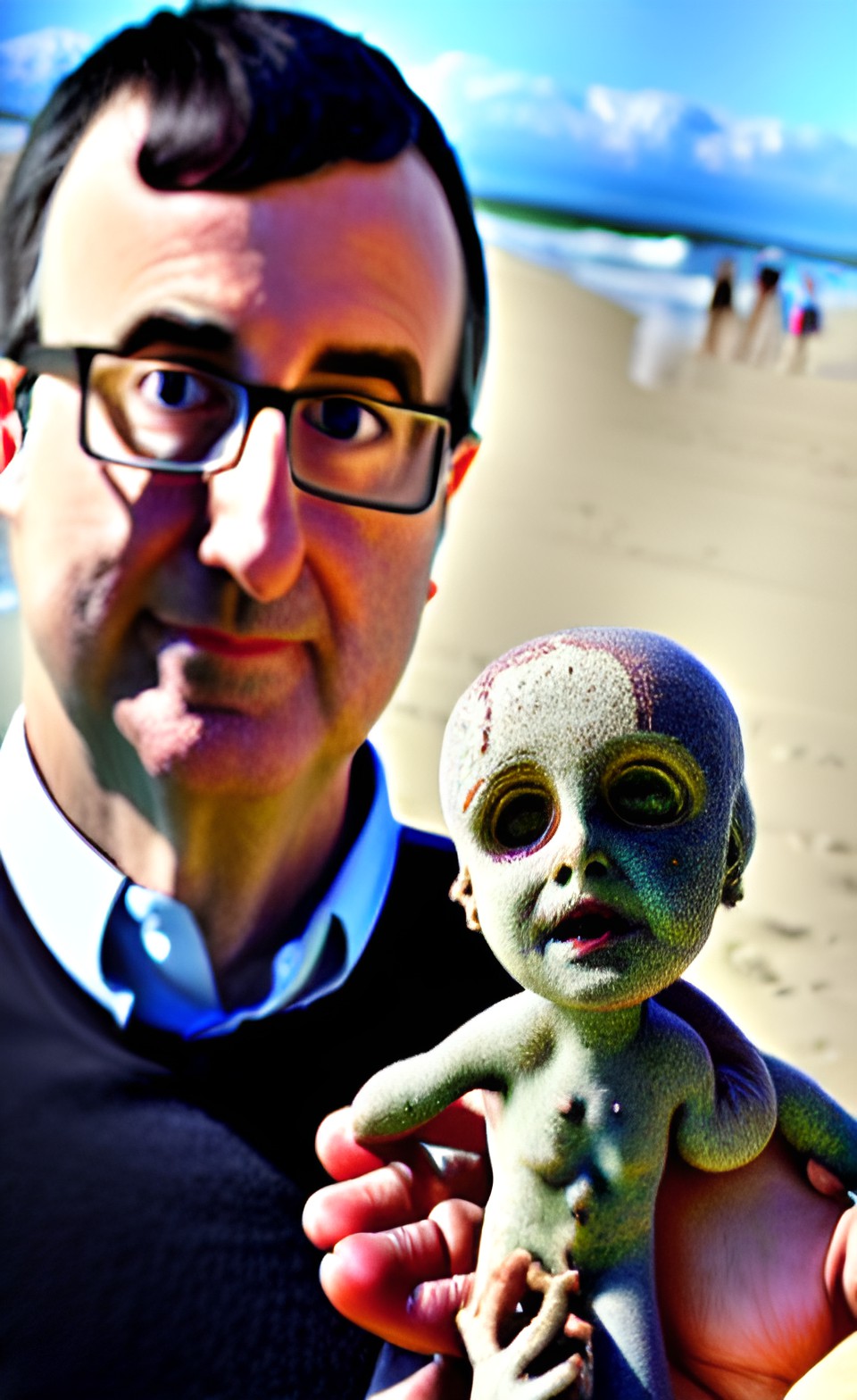 john oliver holding a creepy messy crusty possessed ocean beach babydoll preview