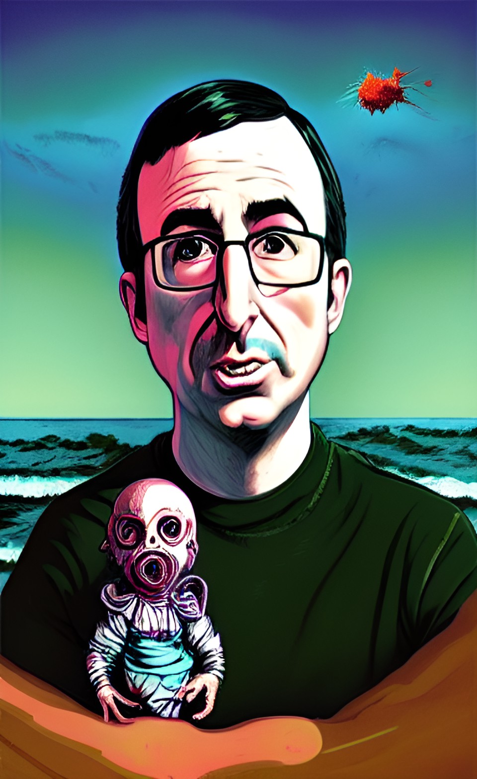 john oliver holding a creepy messy crusty possessed ocean beach babydoll preview