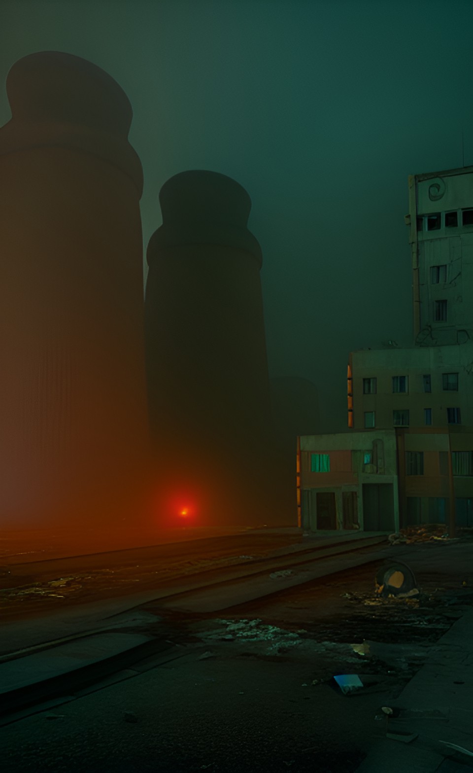 abandoned city nuclear explosion, broken buildings crashed aircraft fog preview