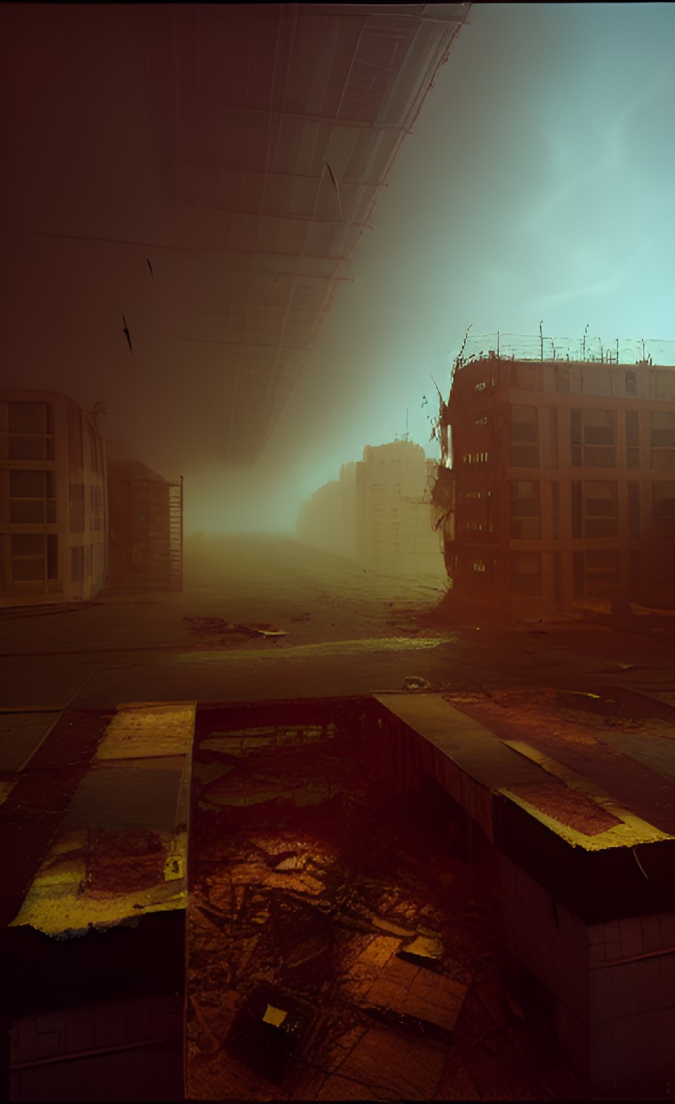 abandoned city nuclear explosion, broken buildings crashed aircraft fog preview