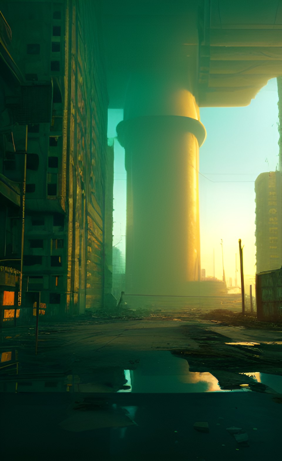 abandoned cyberpunk city nuclear explosion, broken buildings crashed aircraft fog preview