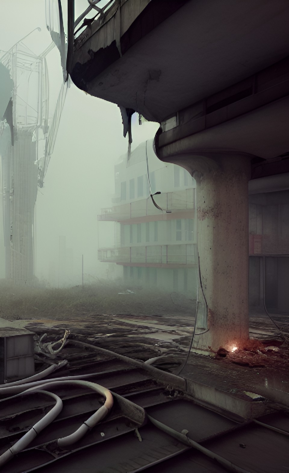 abandoned mechanical city metal piping concrete broken buildings crashed aircraft fog preview