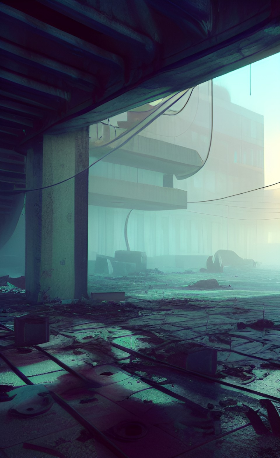 abandoned mechanical city metal piping concrete broken buildings crashed aircraft fog preview